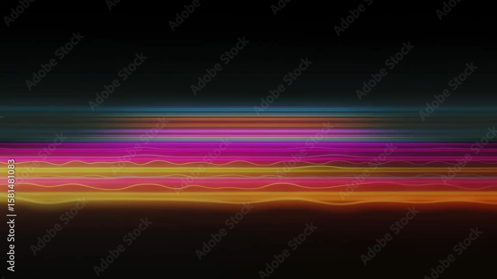 Poster abstract colorful light streaks and wavy lines across a dark background resembling digital sound wav