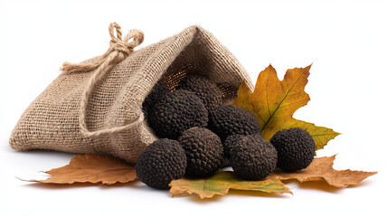 Black truffles spill from burlap sack, surrounded by autumn leaves on white background, creating rustic and earthy scene