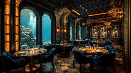 Obraz premium Luxurious underwater dining hall with large windows showcasing a vibrant coral reef