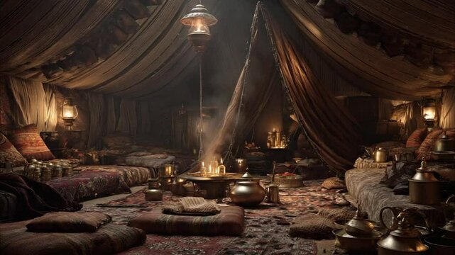 inside a desert nomads tent woven rugs brass pot 4K Videos