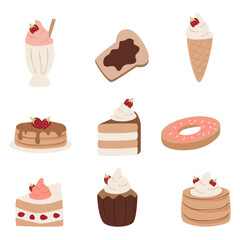 Flat vector illustration of various sweet desserts like cake, ice cream, donuts, and cupcakes. Perfect for menus, stickers, and cute food-themed designs