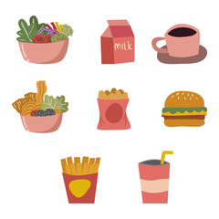 Flat vector illustration of various foods like fast food, salad, and café meals. Great for menu design, food apps, and culinary-themed projects