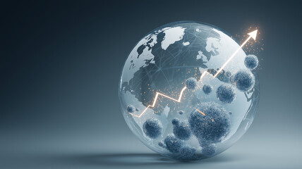 Transparent globe with digital growth chart and molecular structures symbolizes global economic trends and biotech advancements. image conveys innovation and progress