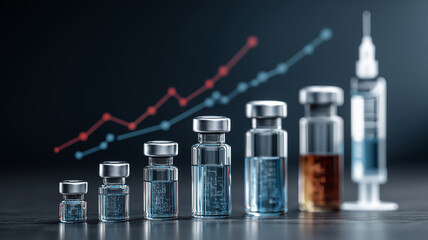 Vials of liquid in increasing sizes are lined up with syringe and graph in background, symbolizing growth in biotechnology and healthcare