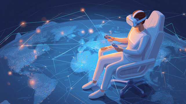 Person wearing virtual reality headset sits in chair, interacting with digital interface over world map, symbolizing global connectivity and metaverse