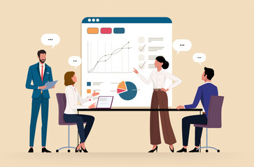 Presentation of ideas or business planning, analysis. Group of business people in front of a board with statistics discussing strategy, problem, studying statistics. Vector illustration in flat style.