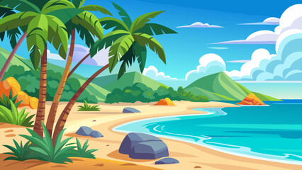 Obraz premium Vibrant cartoon tropical beach paradise with palm trees and turquoise ocean