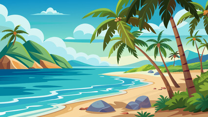 Obraz premium Vibrant tropical beach with palm trees turquoise ocean and lush green mountains