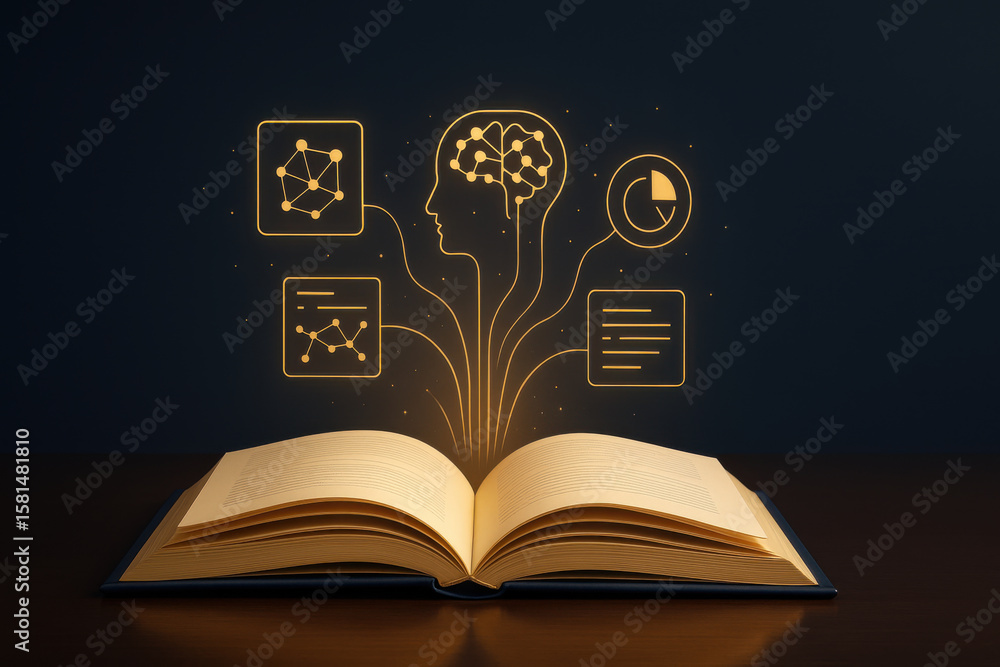 Poster open book emits glowing symbols representing knowledge and information, with illustrations of brain,