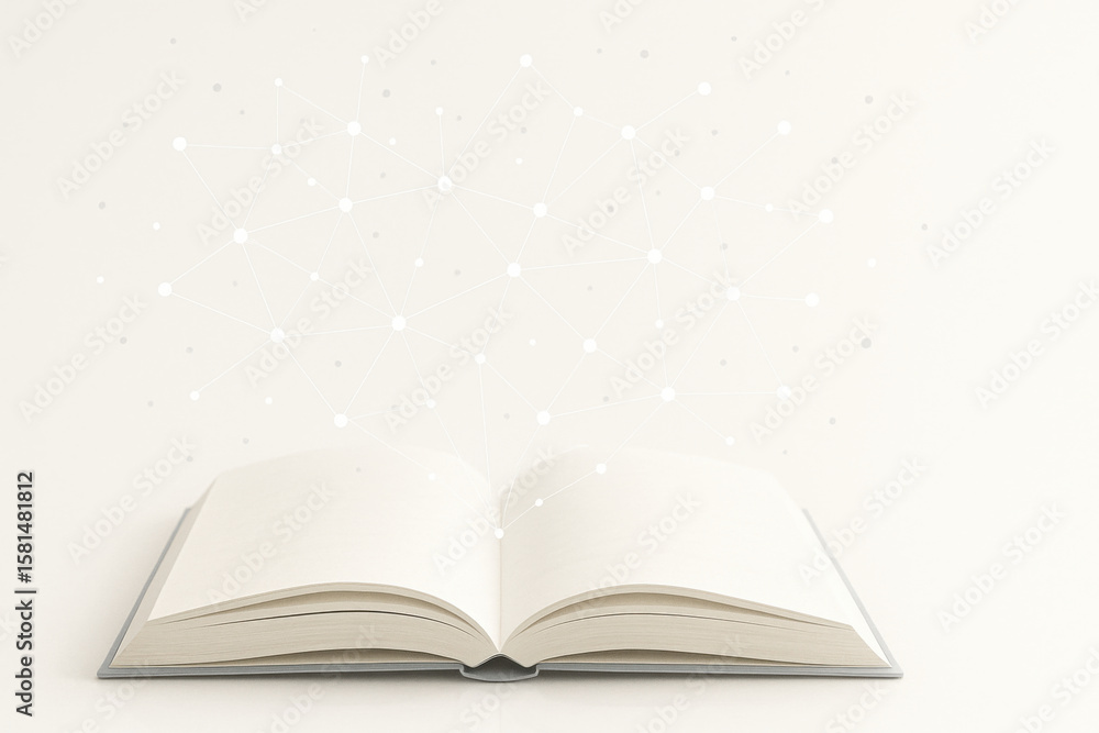 Poster open book with blank pages symbolizes knowledge and creativity, surrounded by network of connected d