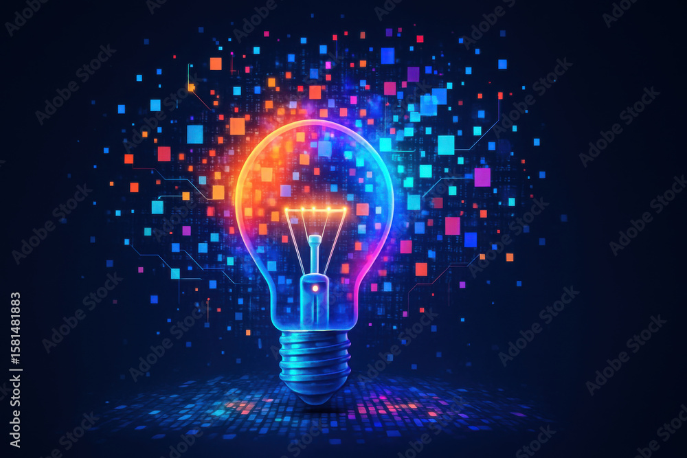 Poster vibrant light bulb surrounded by glowing lattice of colorful squares and digital patterns symbolizes