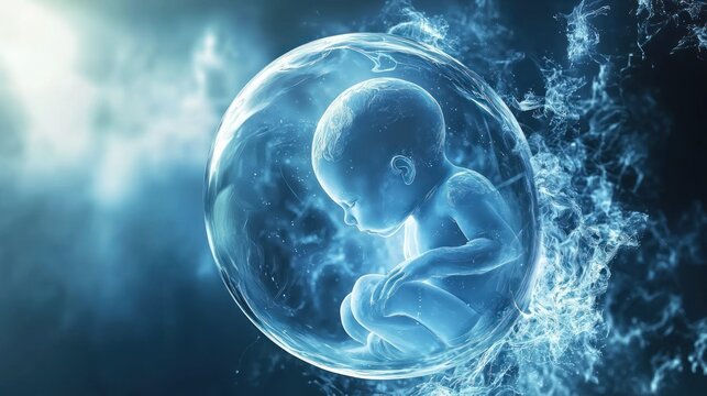 A transparent sphere containing a baby inside, surrounded by blue and white smoke. The concept of life and growth. The baby is a human fetus.