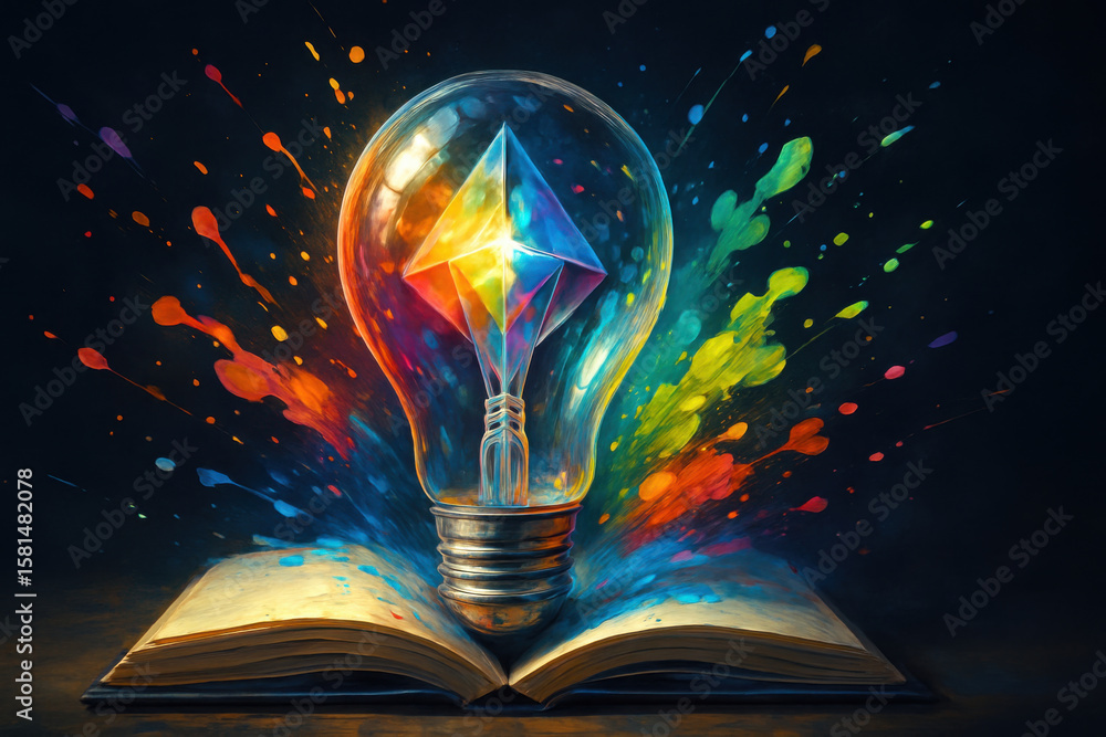 Poster vibrant lightbulb with colorful prism emerges from open book, surrounded by splashes of paint variou