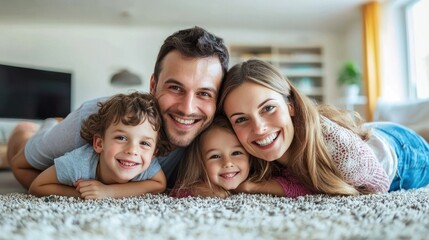 A happy family lying on a carpet in a cozy living room.
