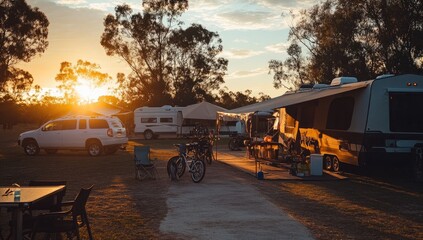 Camping at sunset.  A campground scene at golden hour.  Several camper vans and a SUV parked in a grassy field.  Path leads to the vehicles.  Warm light of the setting sun