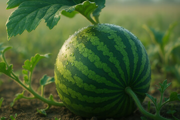Fresh watermelon resting on ground, adorned with morning dew, surrounded by green leaves in vibrant field. scene captures essence of nature beauty and abundance
