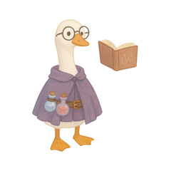 A duck wearing glasses and a purple cloak holds potions while an open book floats nearby, suggesting a magical or scholarly theme.