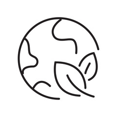 Linear icon of a globe with a leaf, symbolizing ecological earth, green planet, and environmental care. Editable stroke. vector illustration