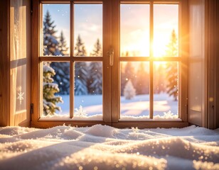 Winter window view of snowy landscape