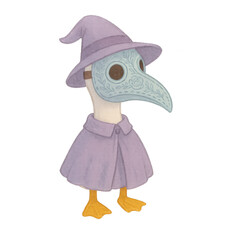 A duck wearing a detailed plague doctor mask, a purple witch hat, and a matching cape.