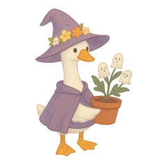 A duck dressed as a witch with a purple hat and cloak holds a pot containing ghost-shaped flowers.