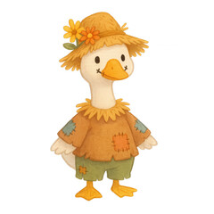 A cute cartoon duck dressed as a scarecrow with a straw hat decorated with flowers, wearing patched clothes and green shorts.