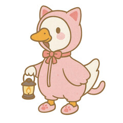 A cute duck wearing a pink cat costume and slippers, holding a small lantern with a warm glow.