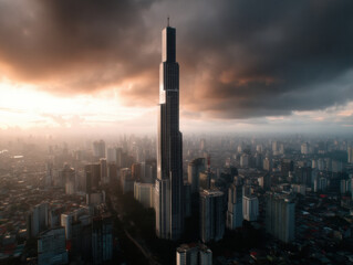 Fototapeta premium towering skyscraper rises above a sprawling cityscape under a dramatic, cloudy sunset sky.