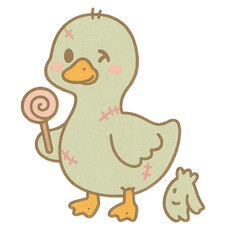 A cute cartoon duck holding a lollipop, featuring stitched patches and a small tuft of feathers beside it.