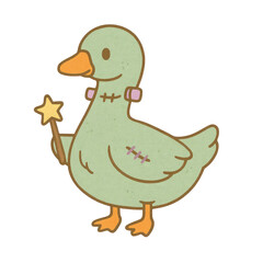A cute cartoon duck holds a star-tipped wand and has stitched patches on its body, resembling a whimsical magical character.