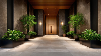  modern, elegant hallway with large potted plants, warm lighting, and a wooden ceiling, leading to a sleek door at the end.