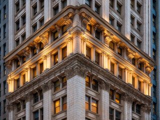 Illuminated historic building corner with intricate architectural details, classical columns, and warm glowing windows at dusk.