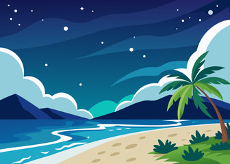 Obraz premium Tropical beach at night with stars and palm tree under a dark blue sky