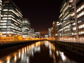 Naklejka premium Nighttime cityscape featuring illuminated modern office buildings reflecting on a calm river, with streetlights glowing along the waterfront.