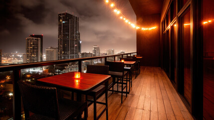 Nighttime cityscape view from a cozy rooftop terrace with wooden flooring, ambient string lights, and candlelit tables ready for guests.