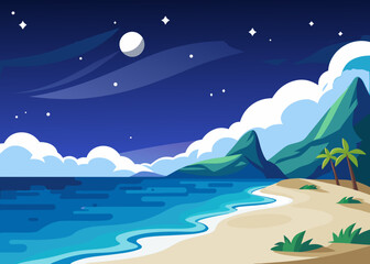 Fototapeta premium Stylized tropical beach scene under a starry night sky with a full moon