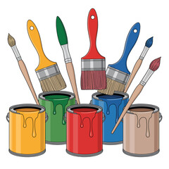 Collection of colorful paint cans with brushes for home renovation and art projects