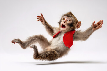 Startled Monkey Falling Backwards in Red Vest, Comedy Animal Portrait