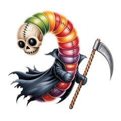 Detailed Digital Watercolor of Sour Candy Worm Grim Reaper with Stitched Cracks and Flowing Cape 