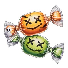 Haunted Hard Candy Characters in Orange and Green with Stitched Faces, Glossy Cracks, and Ghost and Bat Patches