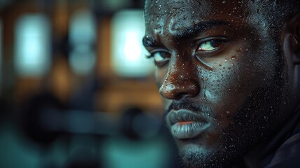 Determined Athlete Pausing Mid Workout in Gym Setting with Sweat and Focus