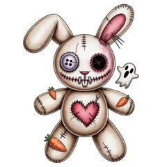Spooky Voodoo Bunny Doll with Floppy Stitched Ear, Mismatched Button Eyes, and Torn Heart Patch with Pin 