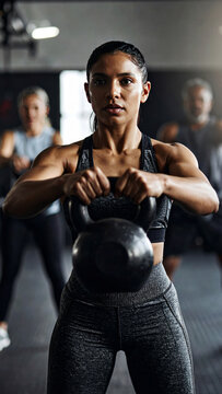 Joven con cabello liso sujetando kettlebell en posici&oacute;n de inicio, ropa deportiva, fondo blanco y foco en fuerza corporal, estabilidad y entrenamiento consciente