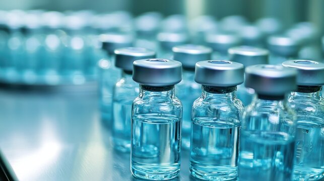 A row of clear glass vials with silver lids, containing a clear liquid, on a metal surface.