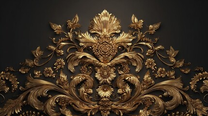 Ornate golden floral ornament sculpted on a dark matte wall in a symmetrical design