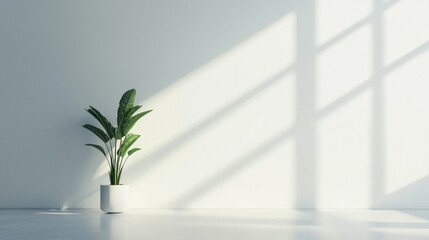 A white wall with a potted plant in front of a window with sunlight streaming through.