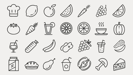 Collection of simple line art icons representing healthy food and drinks including fruits vegetables and beverages