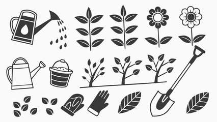 Collection of simple black and white icons representing gardening tools and plants for illustration purposes