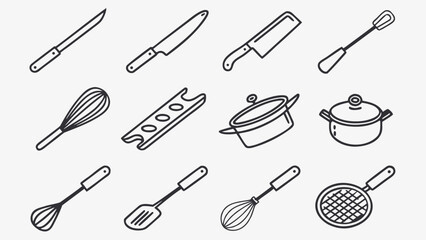 Collection of hand drawn black and white kitchen utensil icons including knives whisks pots and spatulas