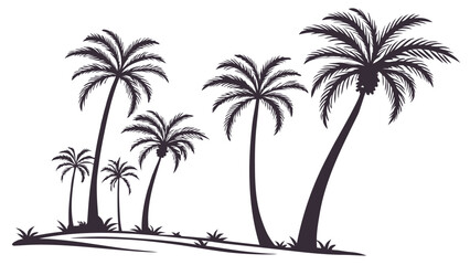 A collection of stylized dark silhouettes of palm trees standing on a sandy beach with grass against a white background
